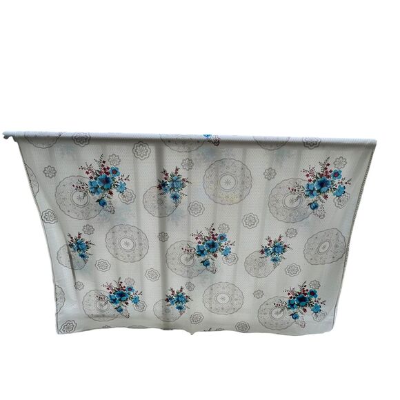 VTG Blue Floral Lace Trim Tablecloth Baroque Texture Satin 62x90” Rectangle Boho - Picture 2 of 7